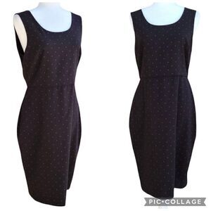 Elle Black Polka-Dot Lavender Bluish Career Sheath Dress Size 8 Crew Neck